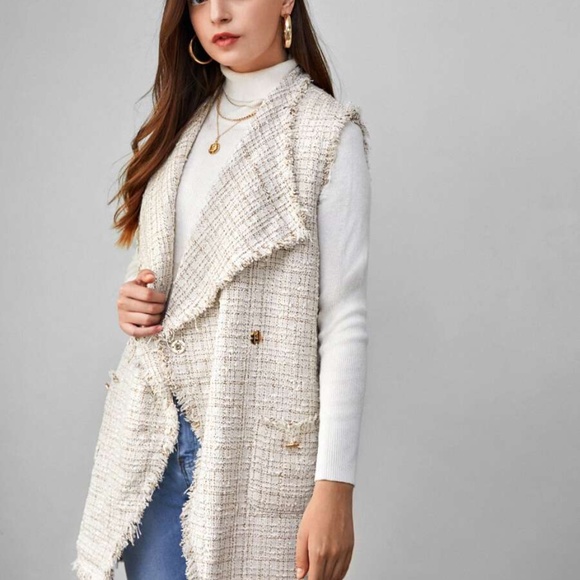 cream waterfall tweed vest jacket fall belt - Picture 6 of 6